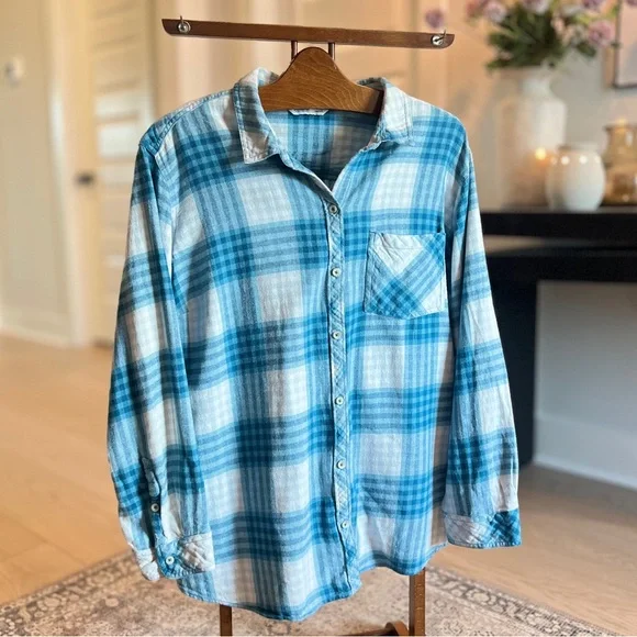 Sonoma blue and white plaid flannel 3X plus sz. button-up 100% cotton - Picture 1 of 7